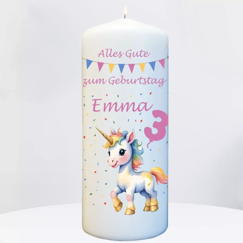 Einhorn Geburtstagskerze mit Namen personalisiert in rosa für Mädchen