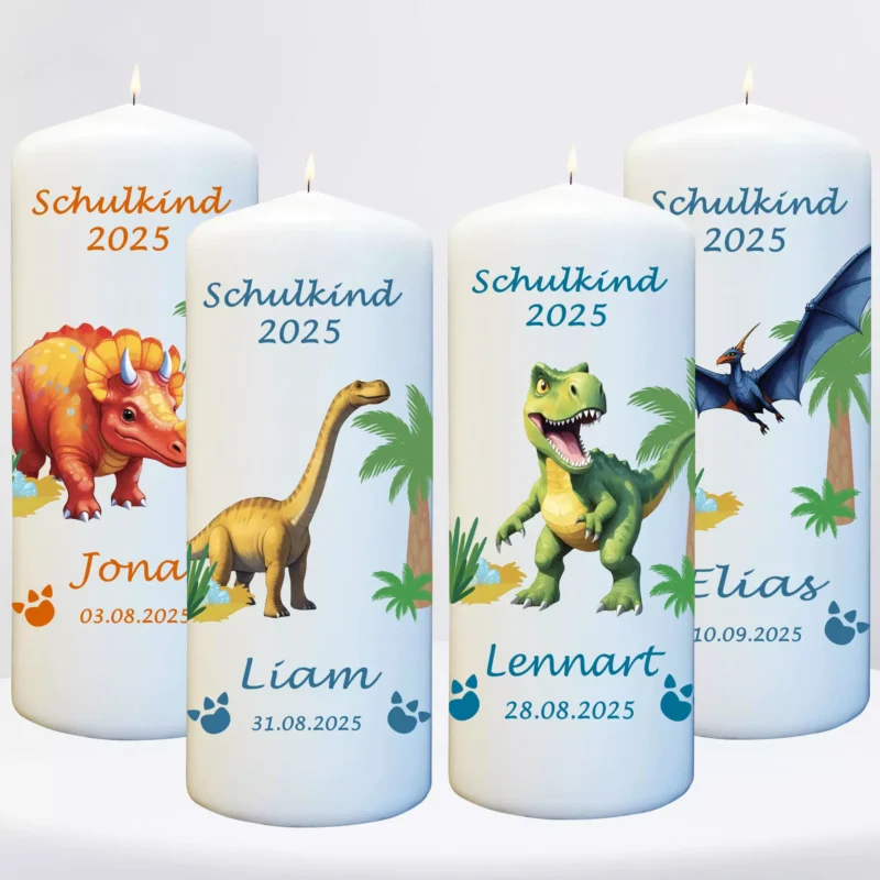 personalisierte Kerze zur Einschulung mit Dino Motiv für Jungs