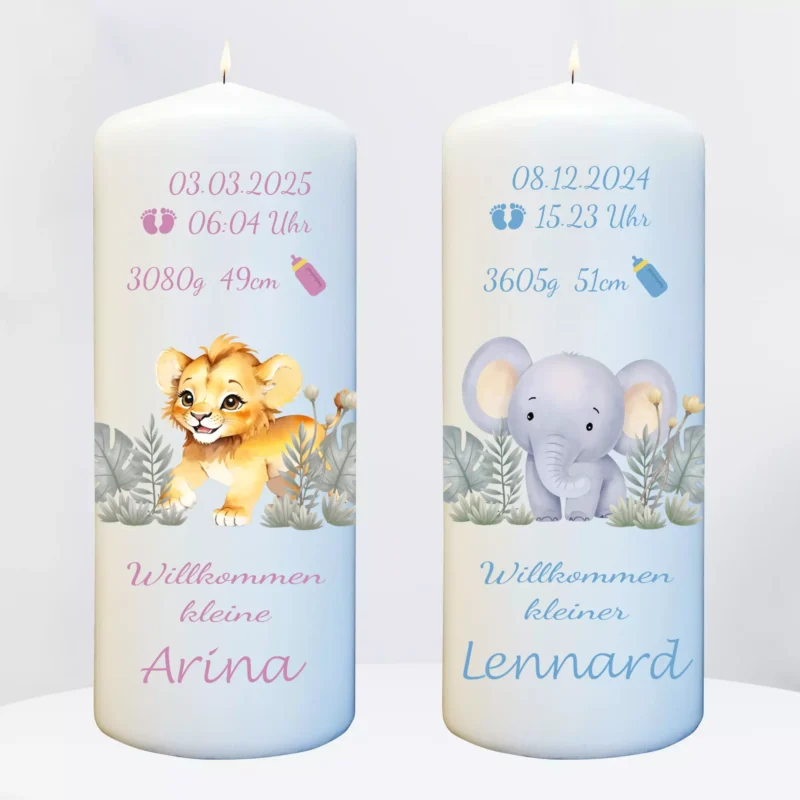 Geburtskerze mit Tier Motiv und Namen personalisiert