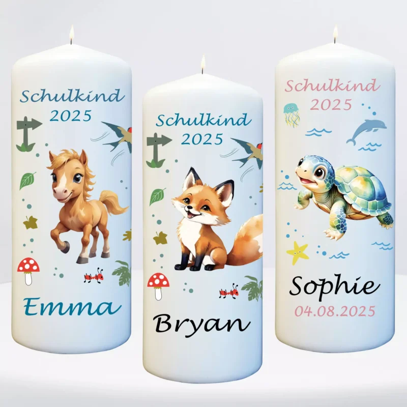 personalisiert Kerze Schulkind mit Tier Motiv