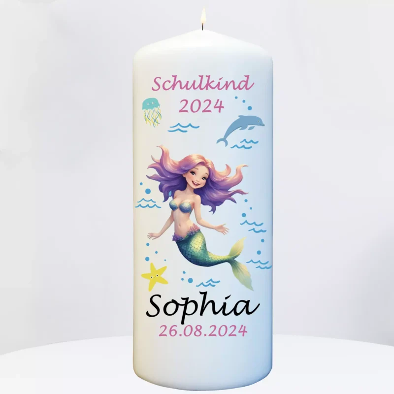 personalisierte Einschulungskerze mit Meerjungfrau Motiv für Mädchen