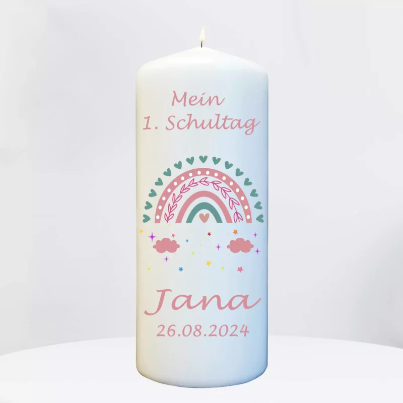 personalisierte Kerze Einschulung mit Regenbogen Motiv in rosa