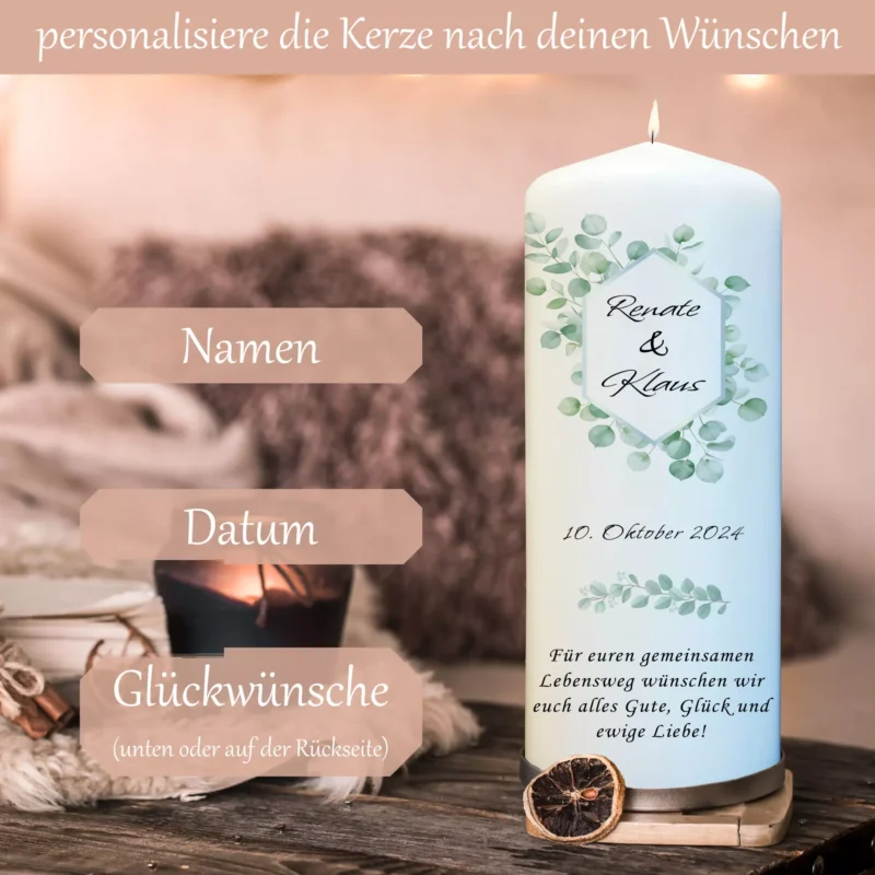 Hochzeitskerze Eukalyptus mit Namen, Datum & Wunschtext - Traukerze – Bild 2