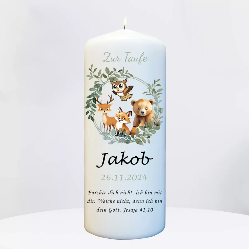 personalisierte Taufkerze mit Waldtieren