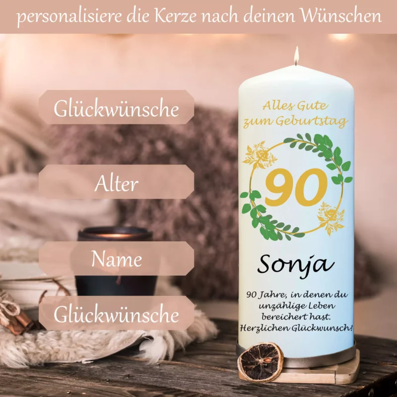Kerze 90 Geburtstag mit Namen und Zahl personalisiert - Geburtstagskerze – Bild 2
