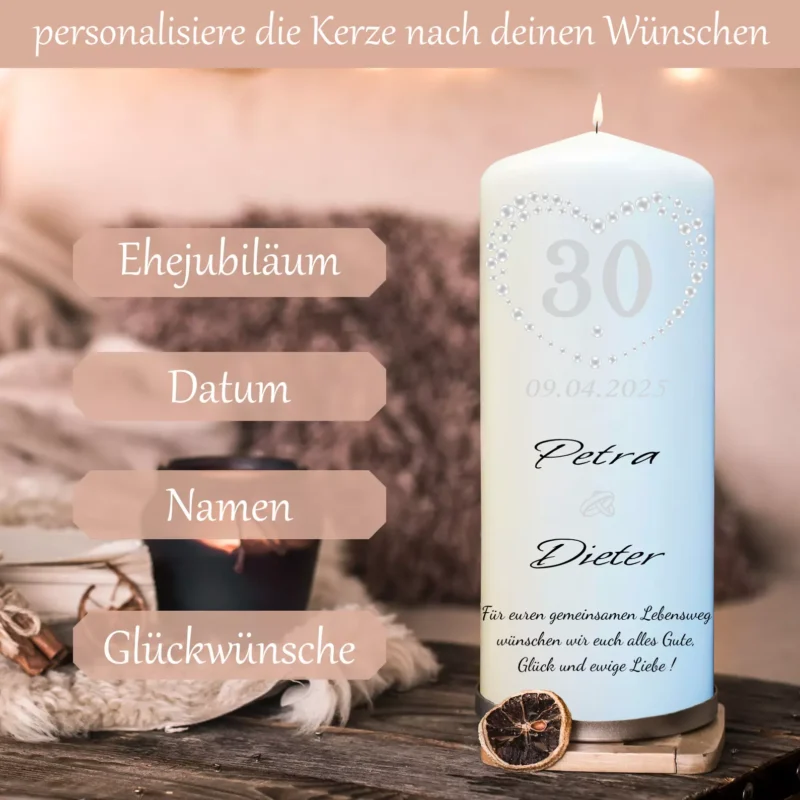 Kerze Perlenhochzeit mit Namen & Wunschtext personalisiert - zum 30 Hochzeitstag – Bild 2