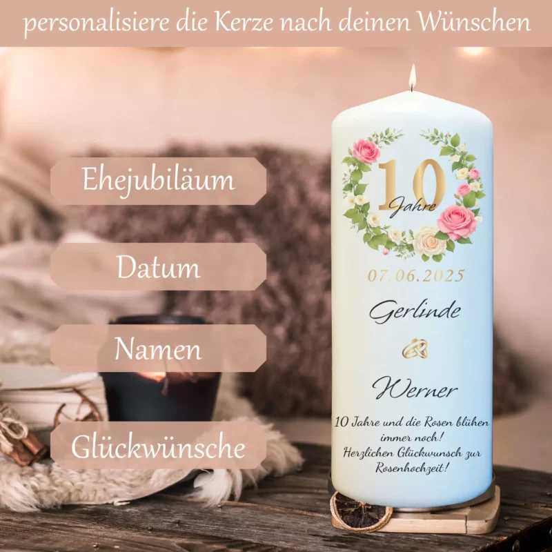 Rosenhochzeit Kerze mit Namen & Wunschtext personalisiert - Geschenk zum 10 Hochzeitstag – Bild 4
