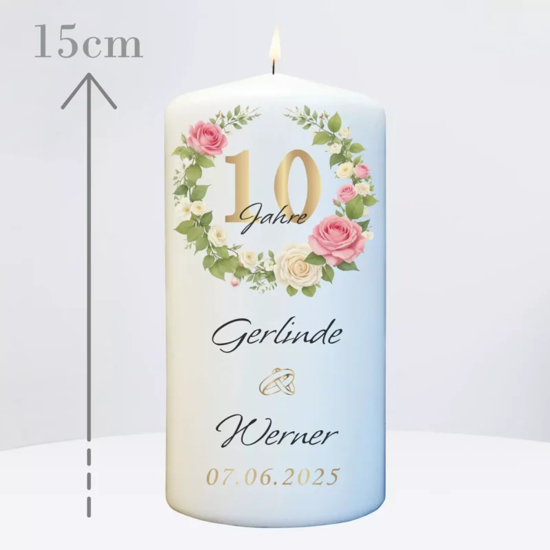 Rosenhochzeit Kerze mit Namen & Wunschtext personalisiert - Geschenk zum 10 Hochzeitstag – Bild 3