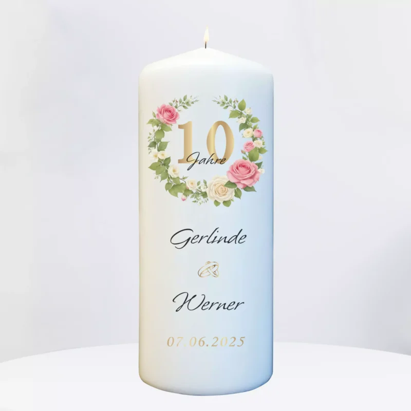 Rosenhochzeit Kerze mit Namen & Wunschtext personalisiert - Geschenk zum 10 Hochzeitstag – Bild 2