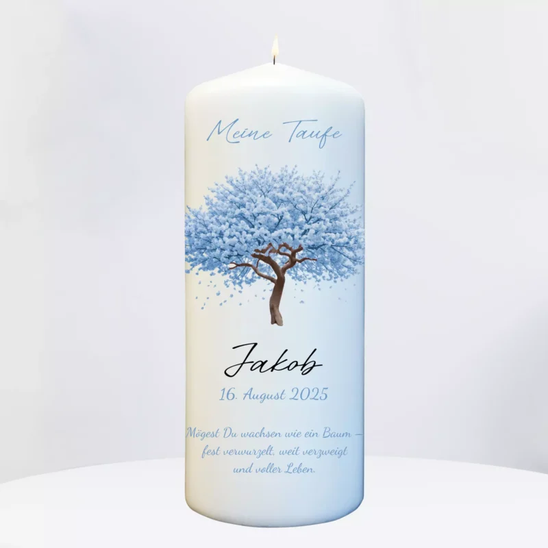 Taufkerze Baum Motiv personalisiert mit Namen und Taufspruch - für Mädchen und Jungen – Bild 4