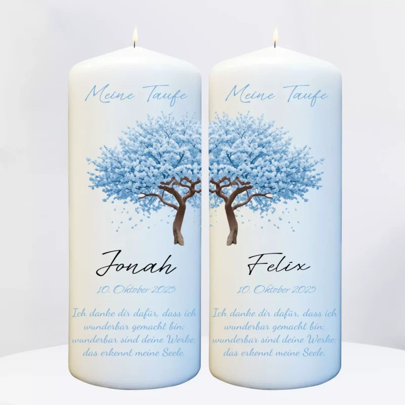 2x Taufkerzen für Zwillinge mit Baum Motiv und Namen personalisiert für Jungen und Mädchen – Bild 3