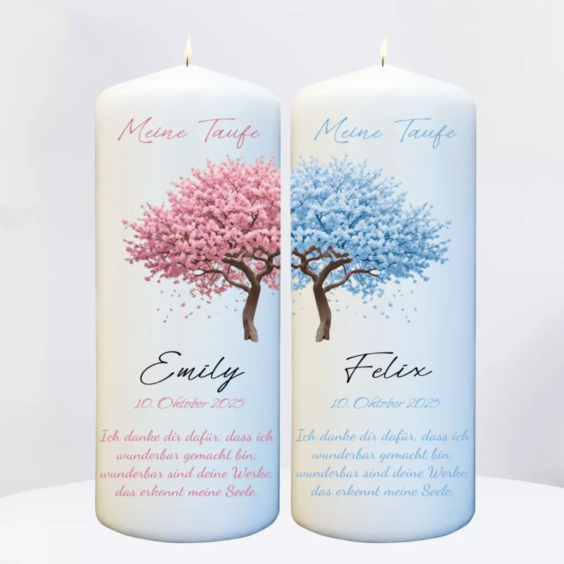 personalisierte Taufkerze für Zwillinge mit Baum Motiv und Namen personalisiert für Jungen und Mädchen