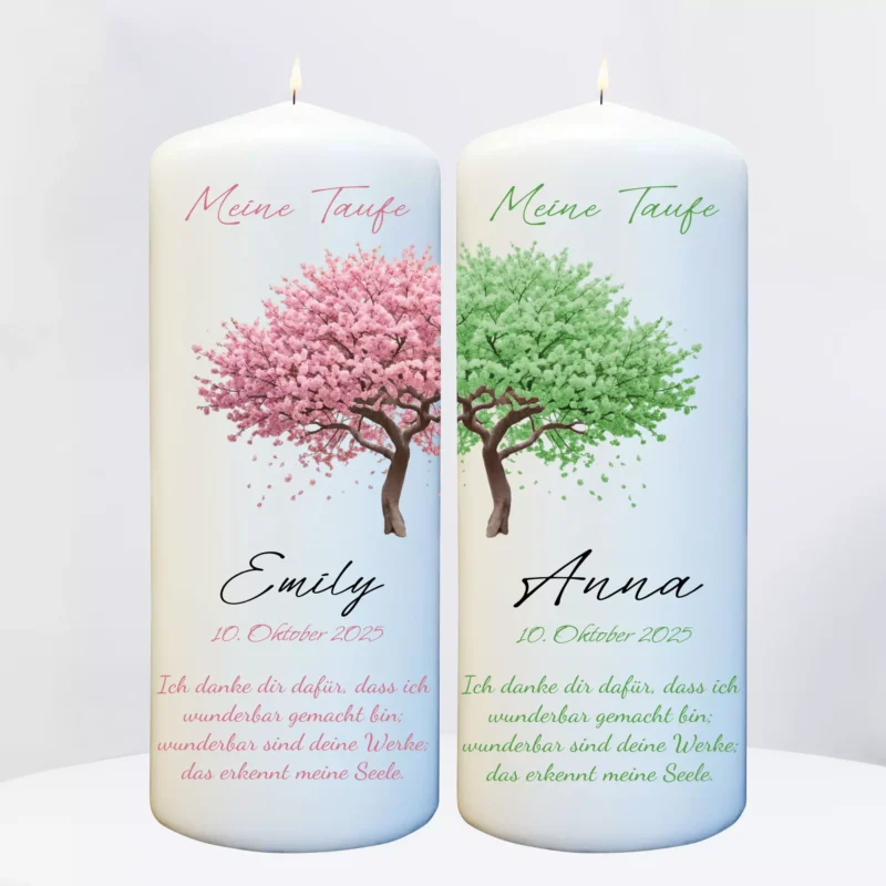 2x Taufkerzen für Zwillinge mit Baum Motiv und Namen personalisiert für Jungen und Mädchen – Bild 6