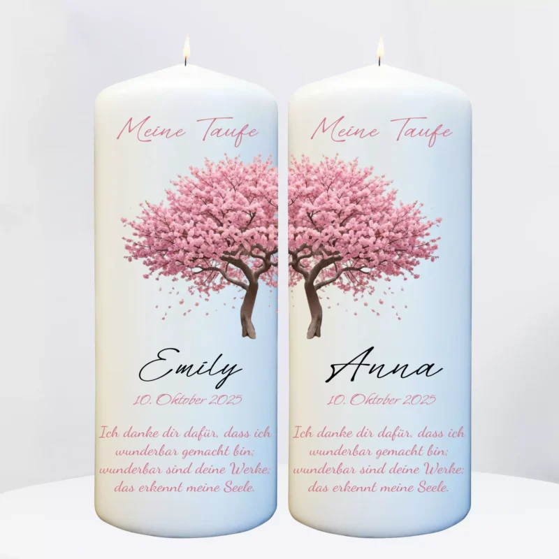 2x Taufkerzen für Zwillinge mit Baum Motiv und Namen personalisiert für Jungen und Mädchen – Bild 4